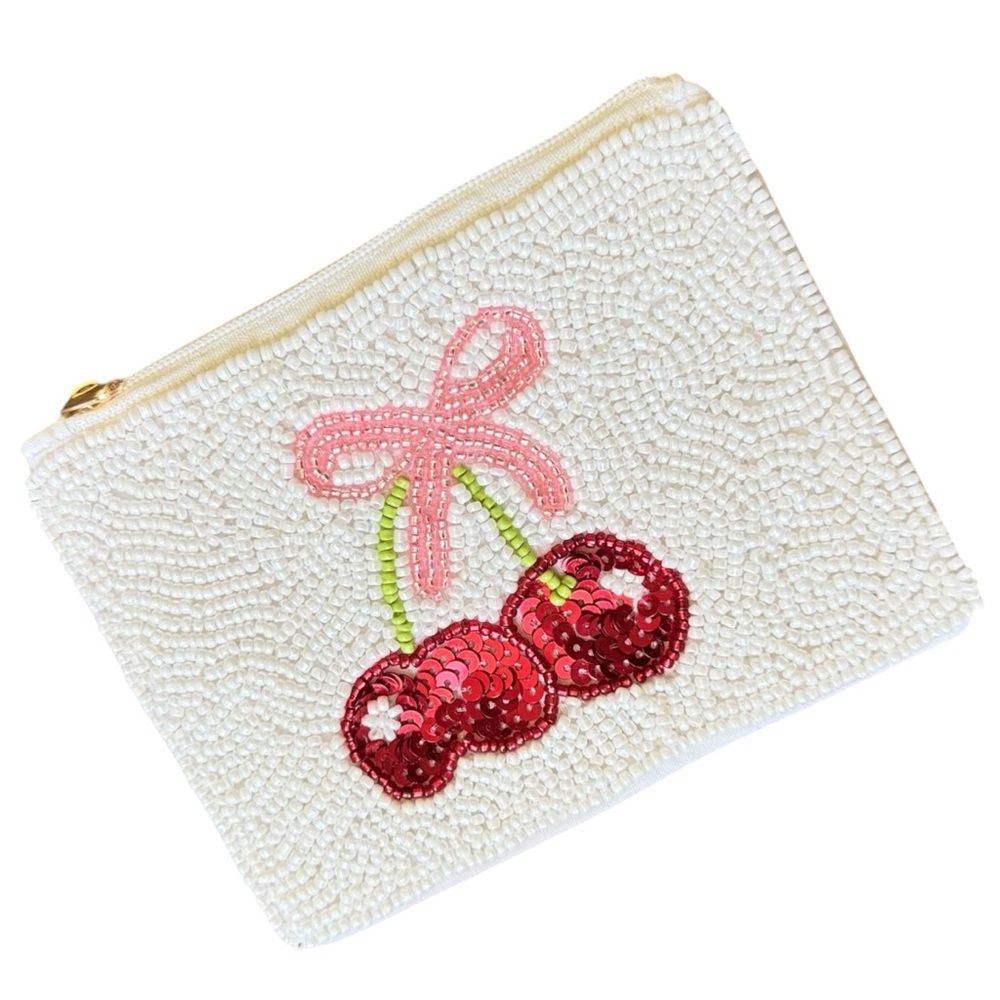 Handmade Cherries Beaded Coin Purse Lipstick Pouch & Card Holder New!